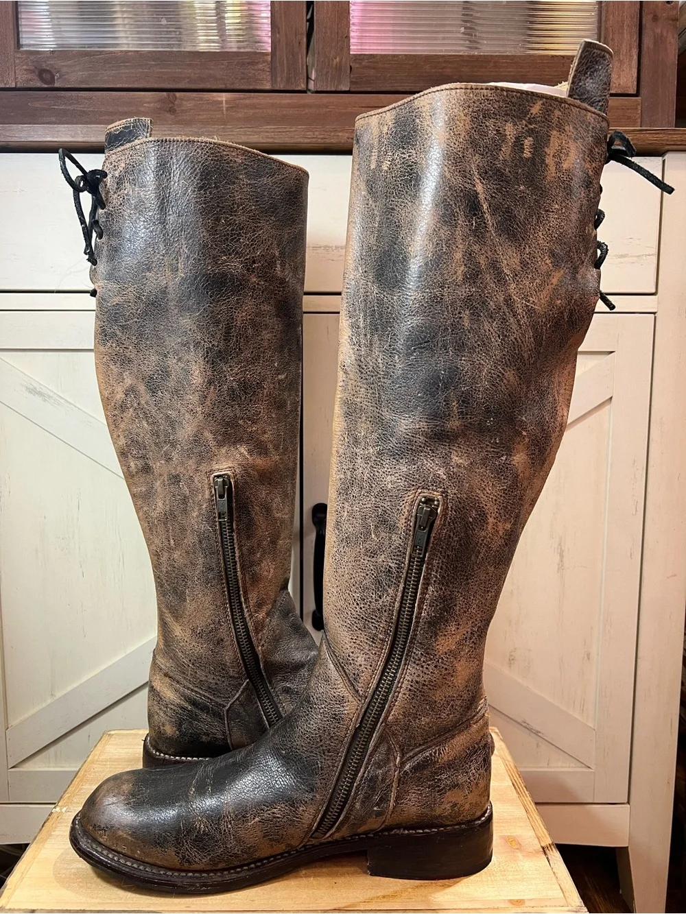 Bed Stu Manchester Brown Distressed Leather Zip Up Tall Knee Hi Boots Size 9